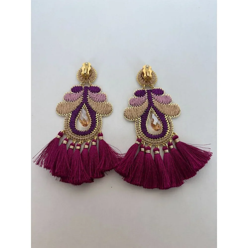 Mercedes Salazar Curubas Drop Earrings Burgundy Tassel Trim Bohemian Clip On - Picture 5 of 9